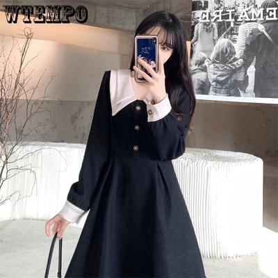Oversized Women's Autumn and Winter Retro Court Bottomed Dress with Double Collar and Waistband Temperament Over Knee Skirt