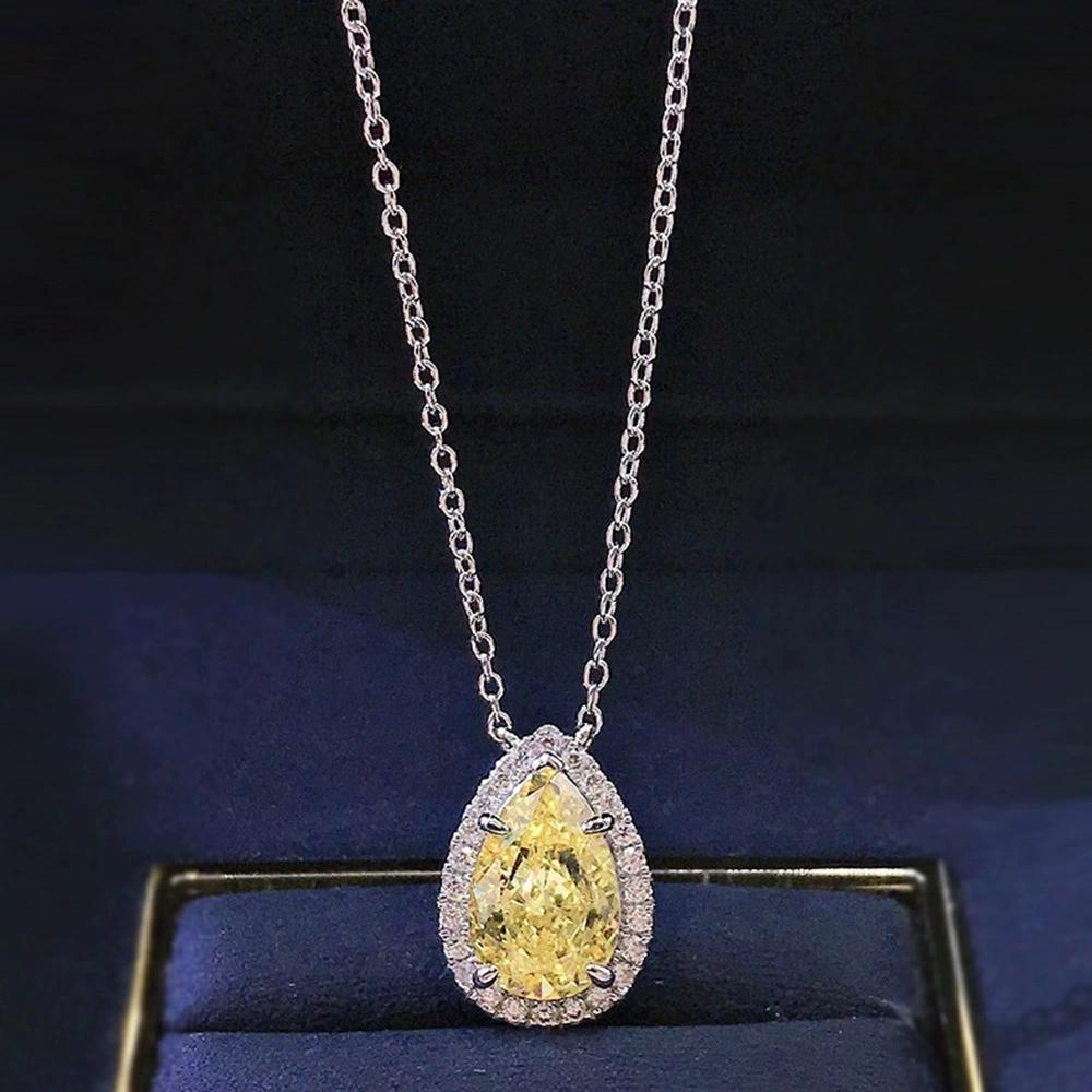 Luxury Female Crystal Yellow Pink Zircon Stone Water Drop Pendant Necklace Vintage Silver Color Wedding  For Women