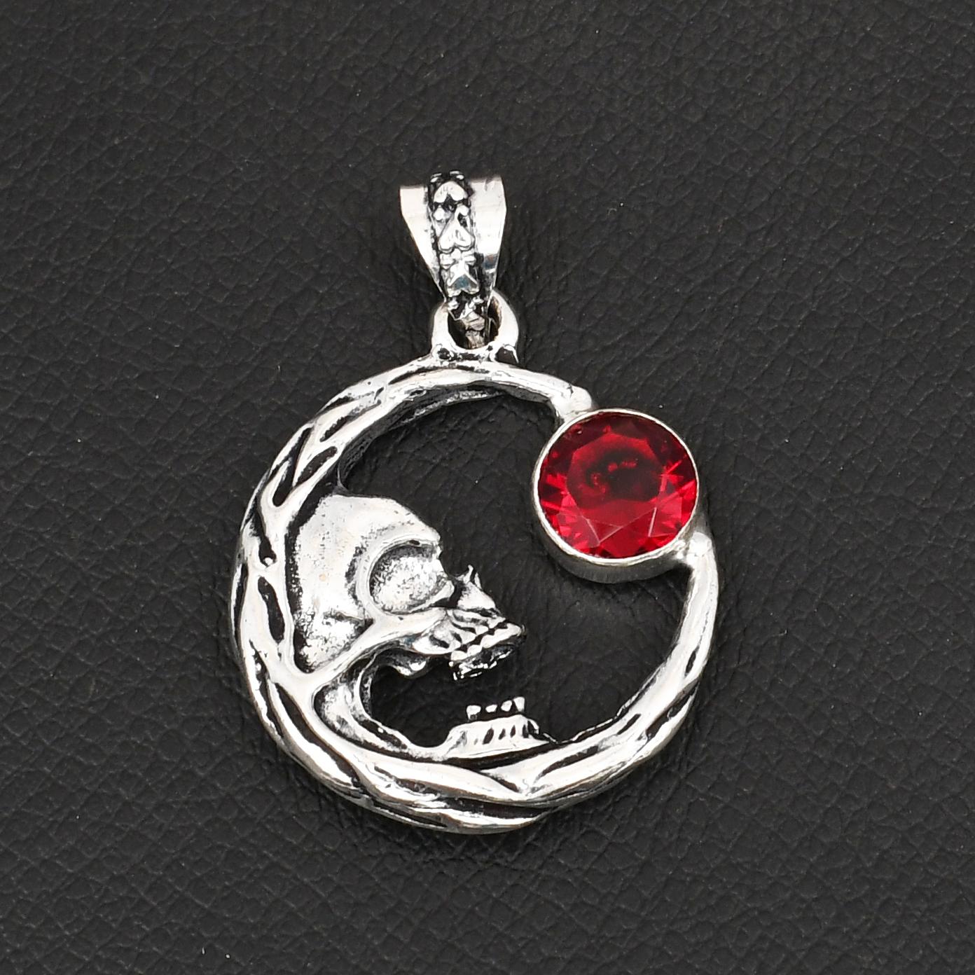

925 Sterling Silver Skull Crescent Moon Pendant Necklace with Garnet Stone for Men & Women Punk Rock Biker Jewelry Gift