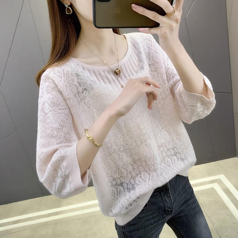 Spring and summer seven-quarter sleeve t-shirt loose hollow blouse thin crew neck fashion versatile women's knitted sweater top
