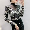 2024 Autumn Women's Slimming Mesh Print Long Sleeve Shirt