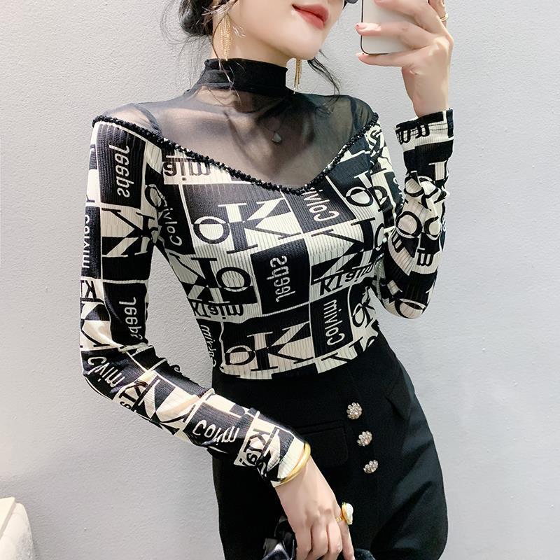 2024 Autumn Women's Slimming Mesh Print Long Sleeve Shirt