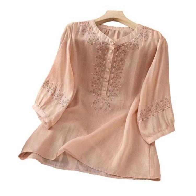 Embroidery Flower Pattern Women Shirt Retro Style Round Neck Pullover Tops 3 4 Sleeve Summer Casual Blouse