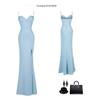 White Formal Pleated Waist-Cinching Dress with Slimming Split Strap Design