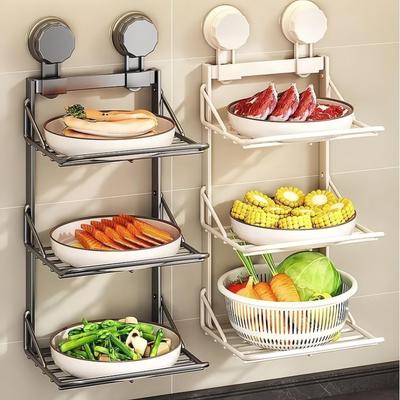 Rack de Armazenamento Dobrável com Ventosa para Cozinha Doméstico Multicamadas para Panelas Rack de Armazenamento Montado na Parede Material Aço Carbono