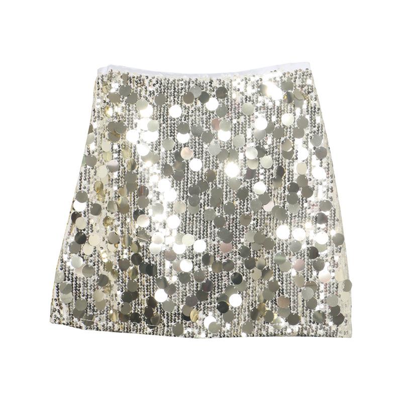 High-End Sequin A-Line Mini Skirt with Anti-Exposure Lining, High Waist, and Slim Fit
