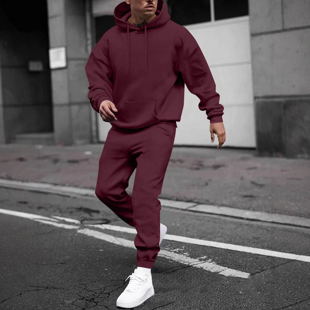 Men's Solid Color Hooded Universal Versatile Hooded Sweatshirt Sweatpants Casual Sports Suit