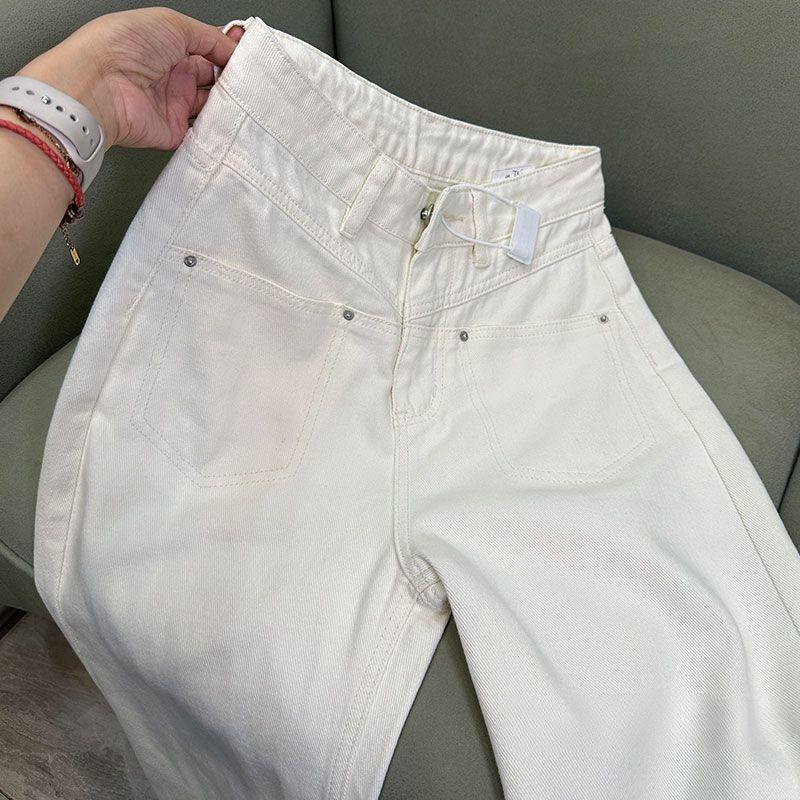 Women High Waisted Beige Straight Leg Jeans Spring Autumn Korean Style Wide Leg Pants Slim Fit V Line Stitching