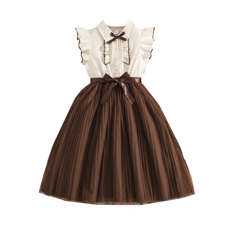 Abito alla moda per bambina - Abito a rete patchwork elegante a maniche corte per bambini Primavera/Estate