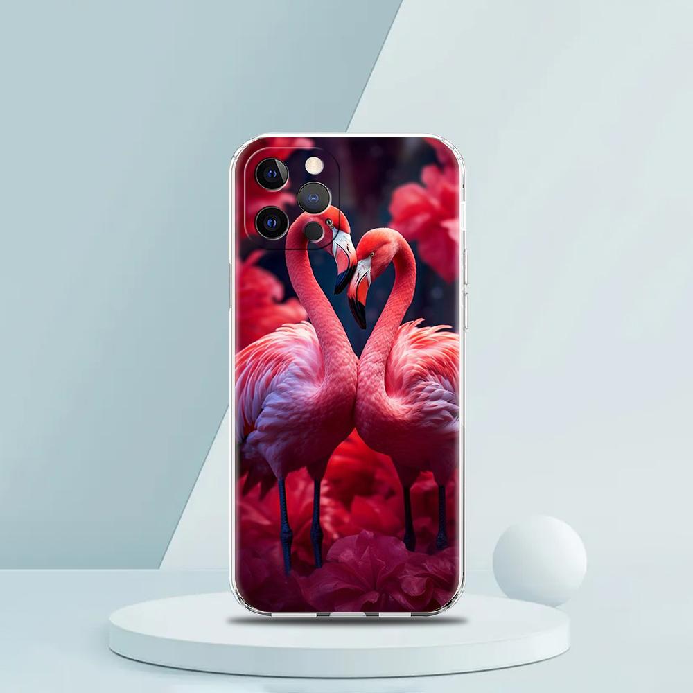 For iPhone 15 16 14 13 12 mini 11 Pro Max XS X XR SE 7 8 Plus Silicone Clear Cover lovely Pink Flamingos leaf Phone Case