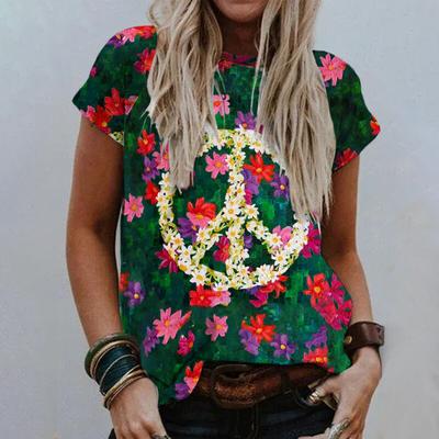 Summer V-neck 3D Flower Printed Top Fashionable Casual Short Sleeved Women's T-shirts