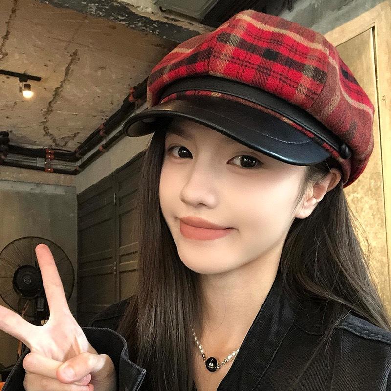 New Trendy Elegant Plaid Newsboy Cap With Leather Trim Women Beret Hat Daily Streetwear Fashion Headwear Women Gifts Party Caps