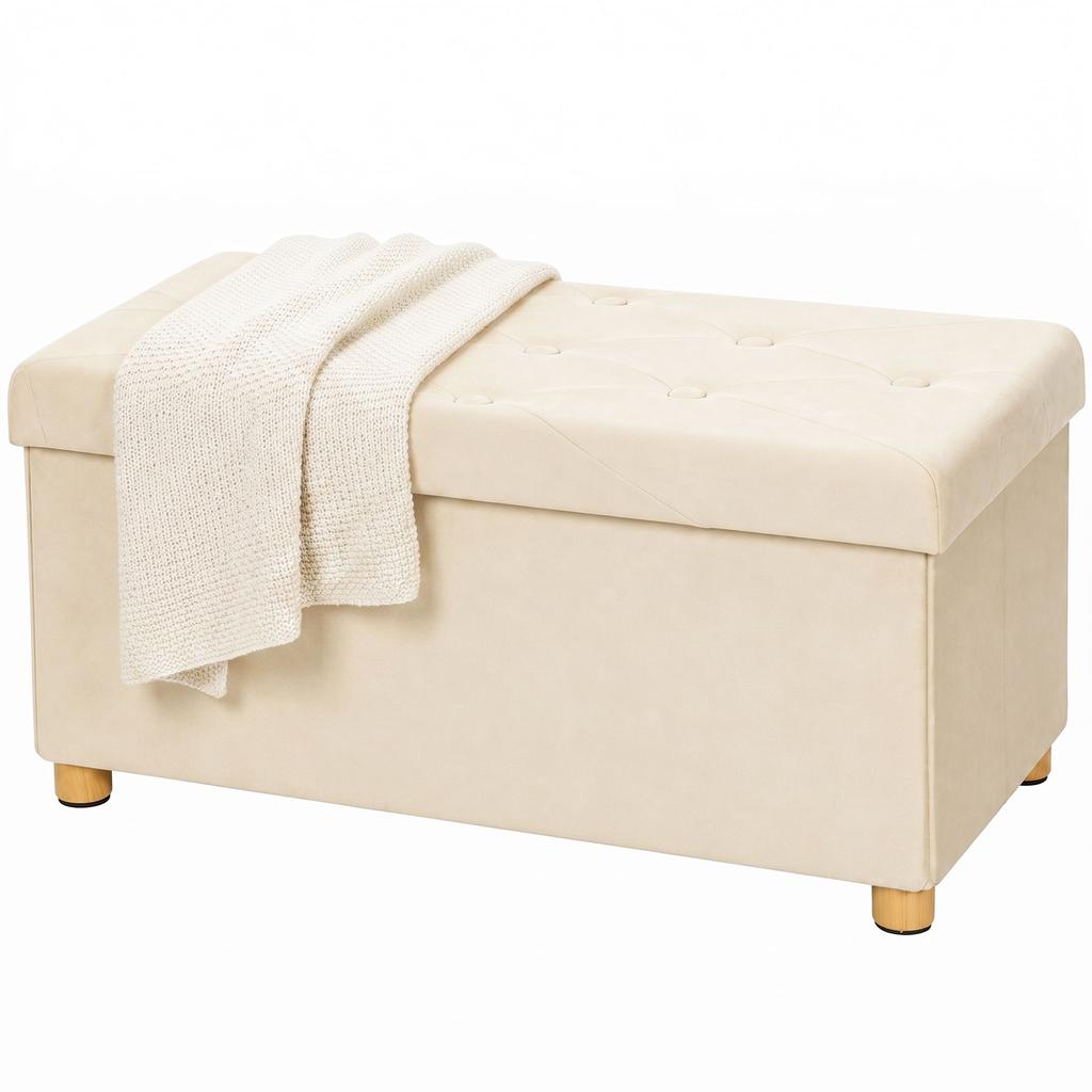 Velvet Upholstered Foldable Ottoman Footrest, Storage Ottoman Bench with Wood Legs for Living Room, Cream White