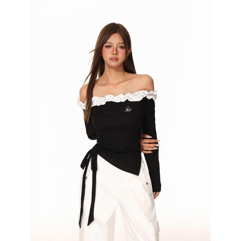 Shiyiyue Pure and Sensual Design Off-Shoulder T-Shirt for Women, Autumn One-Shoulder Color-Block Polka Dot Lace Waist-Cinching Long Sleeve