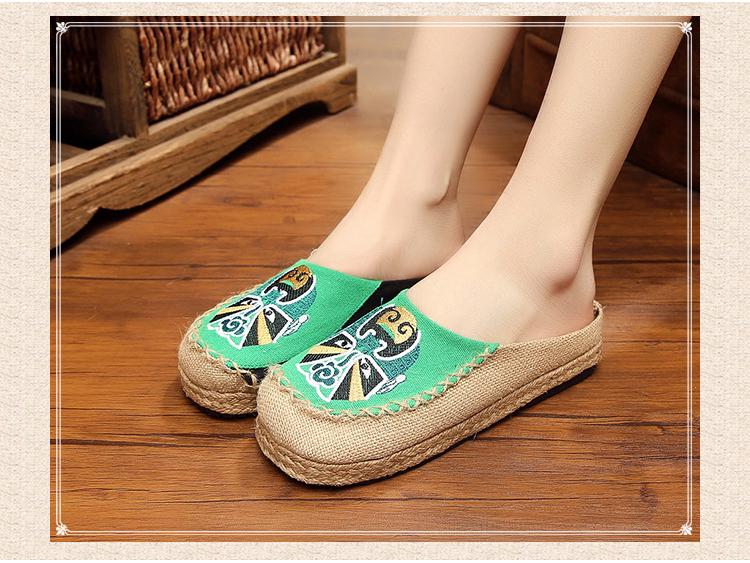 Taigu Mi Ma Peking Opera Face Embroidered Espadrilles: Handmade Cloth Shoes, Linen, Mori Girl Style.