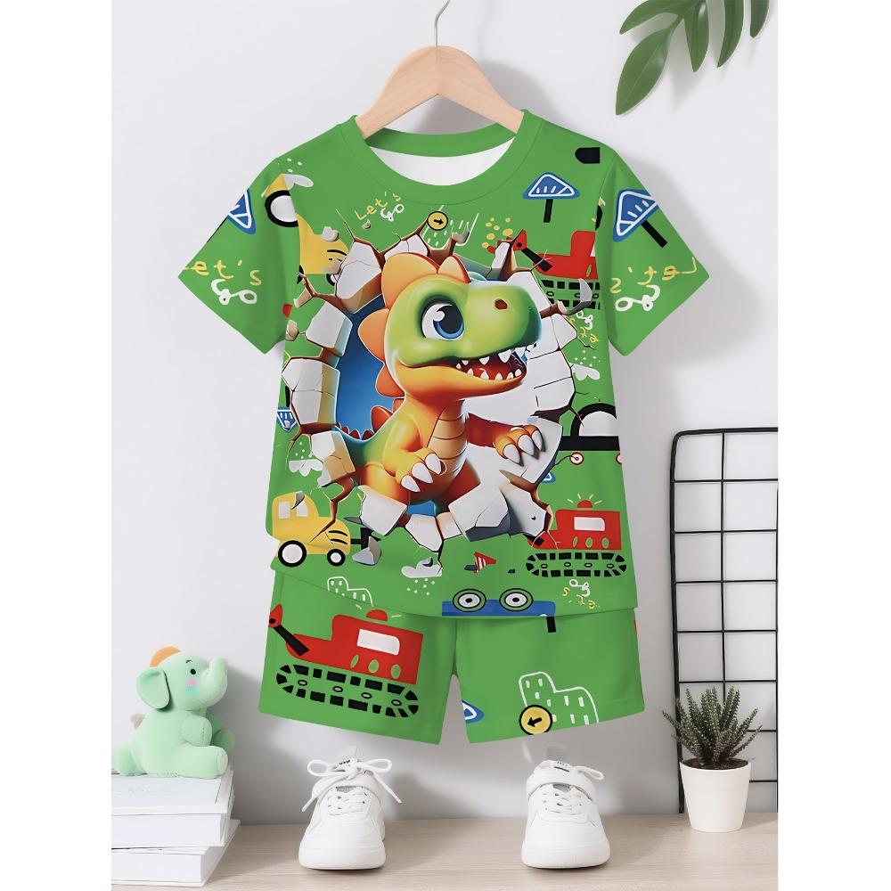 Set Maglia a Maniche Corte Stampata 3D con Dinosauro e Macchina e Pantaloncini Sportivi, Set Maglia Sportiva Casual Estiva