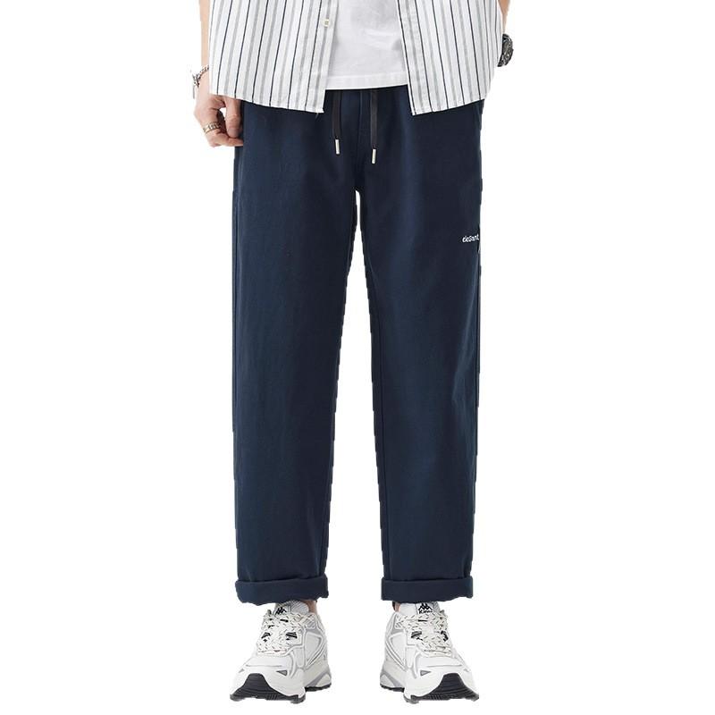 Solid color simple and versatile pure cotton casual pants men's new trendy brand loose straight elastic waist long pants men