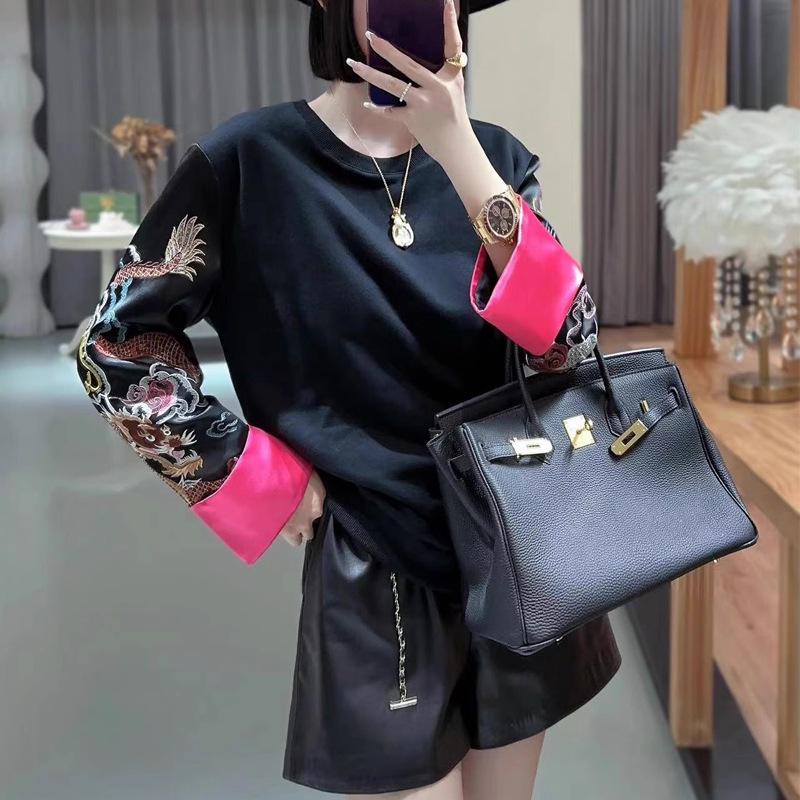 2023 Autumn Women's Acetate Spliced T-shirt: Black Dragon & Phoenix Embroidered Chinese Style Sweatshirt
