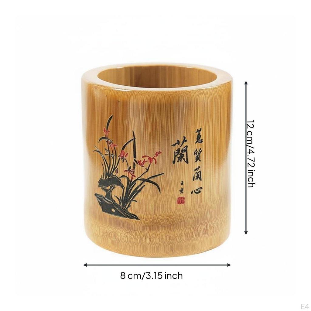 Bamboo Pen Holder Carving Round Organizer Versatile Chinese Design Stationery for