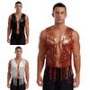 Men Sparkly Sequin Cowboy Vest Open Front Tassel Rivets Shiny Western Waistcoat for 70s Disco Club Parties