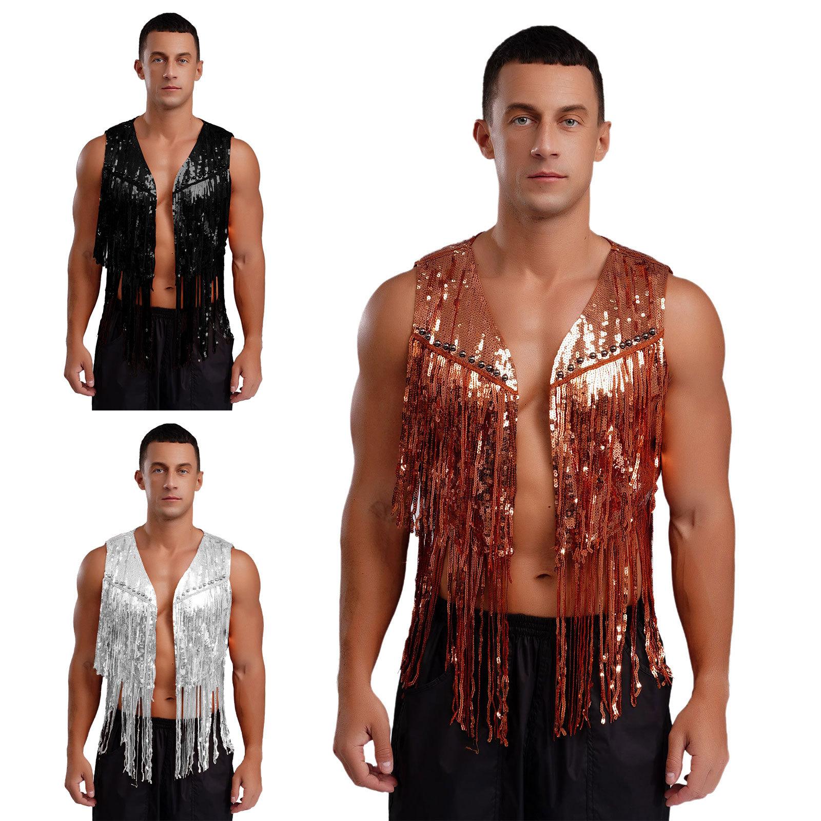 

Men Sparkly Sequin Cowboy Vest Open Front Tassel Rivets Shiny Western Waistcoat for 70s Disco Club Parties