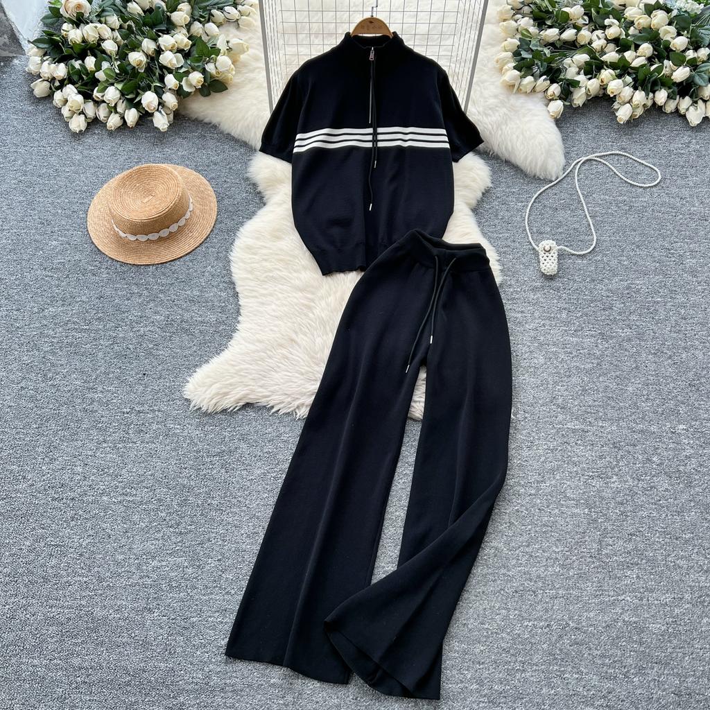 Summer Women Drawstring Knitted Sweater Trouser Two Piece Set Short Sleeve Zipper Pullover Tops and Wide Leg Pant Suit