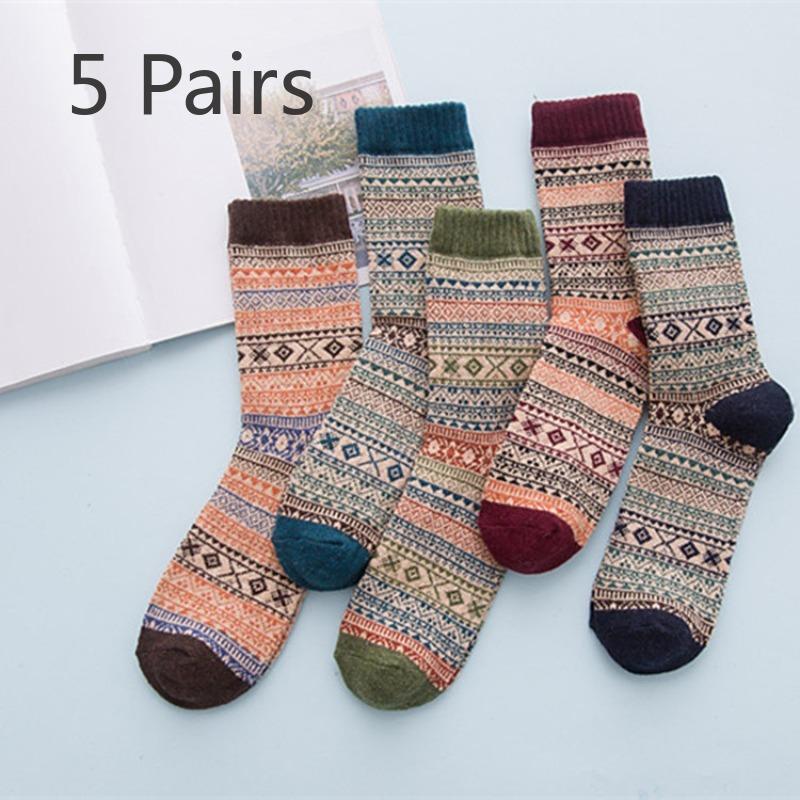 5 Pairs of Men's Autumn and Winter Thick Warm Small Diamond Ethnic Wool Socks