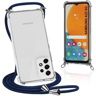 Protective Case - BOOLING - for Samsung Galaxy A23 5G - Shockproof - Transparent - Navy Blue Lanyard
