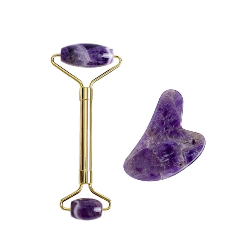 Natural Jade Roller Gua Sha Set Rose Quartz Obsidian Amethyst Jade Massager Gouache Scraper For Facial Lifting Skin Care Tools