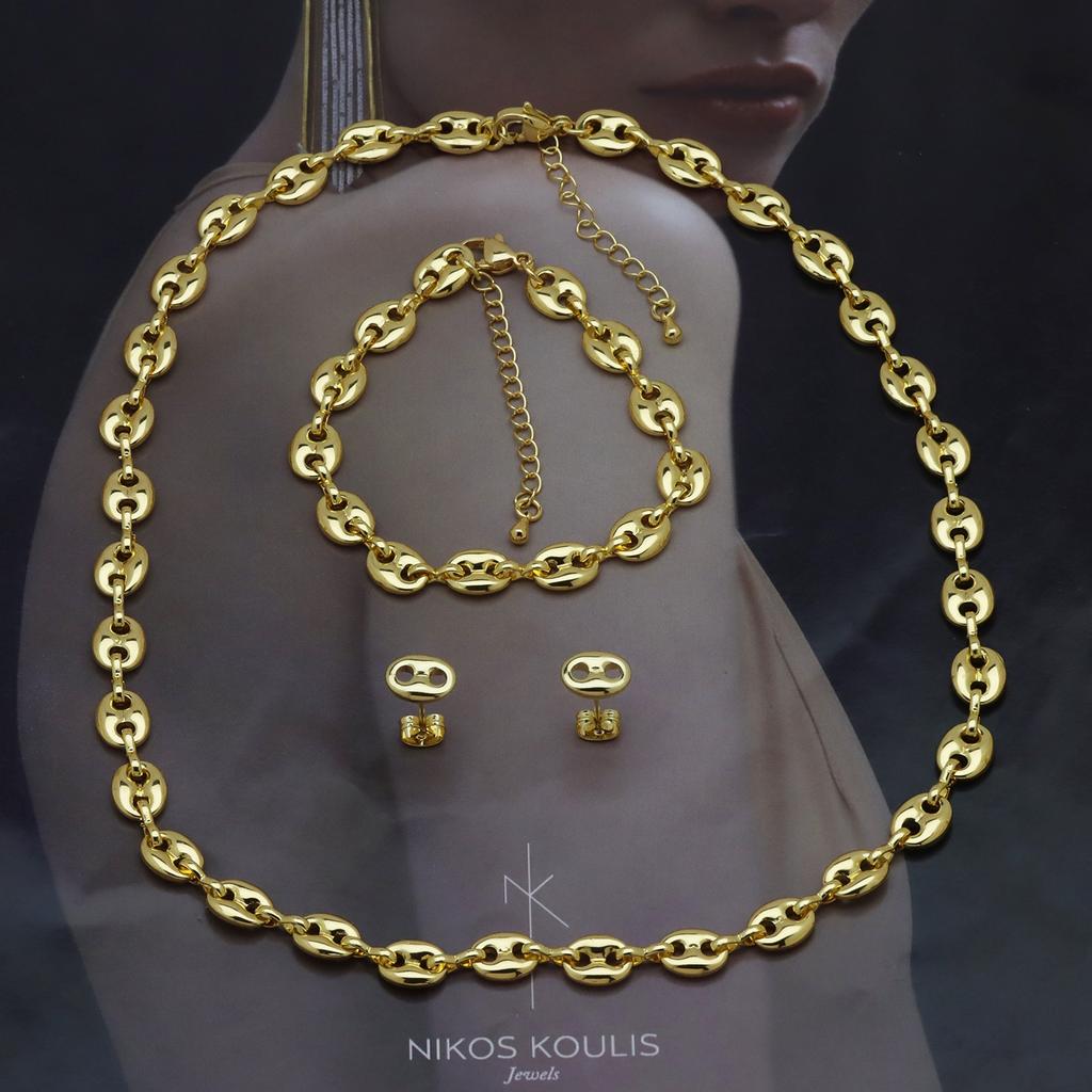 18K Gold Plated Brass Puff Coffee Bean Chain Jewelry Set Pig Nose Mariner Link Necklace Bracelet Earrings 3 Pcs Set