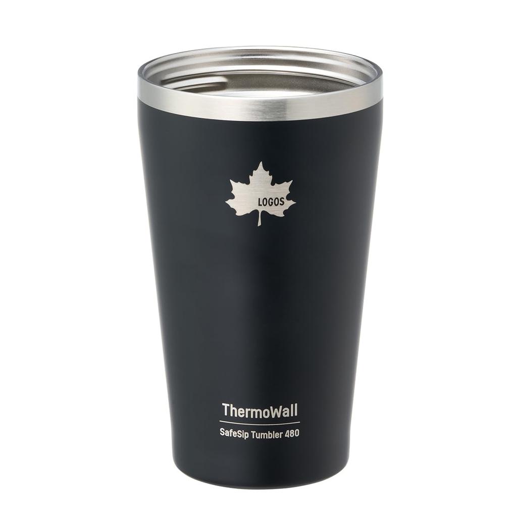 LOGOS ThermoWall Vacuum Insulated Tumbler 480ml Black 81286131 Camping Mug Bottle Slim Design Lightweight Keeps Drinks Hot or Cold Direct Drinking
