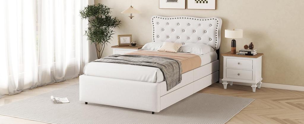 Polsterbett Kinderbett 90x200cm, mit Nachttischpolsterung und Lattenrost, mit dekorativen Nieten, doppelte Schubladen, Leinen Ohne Matratz
