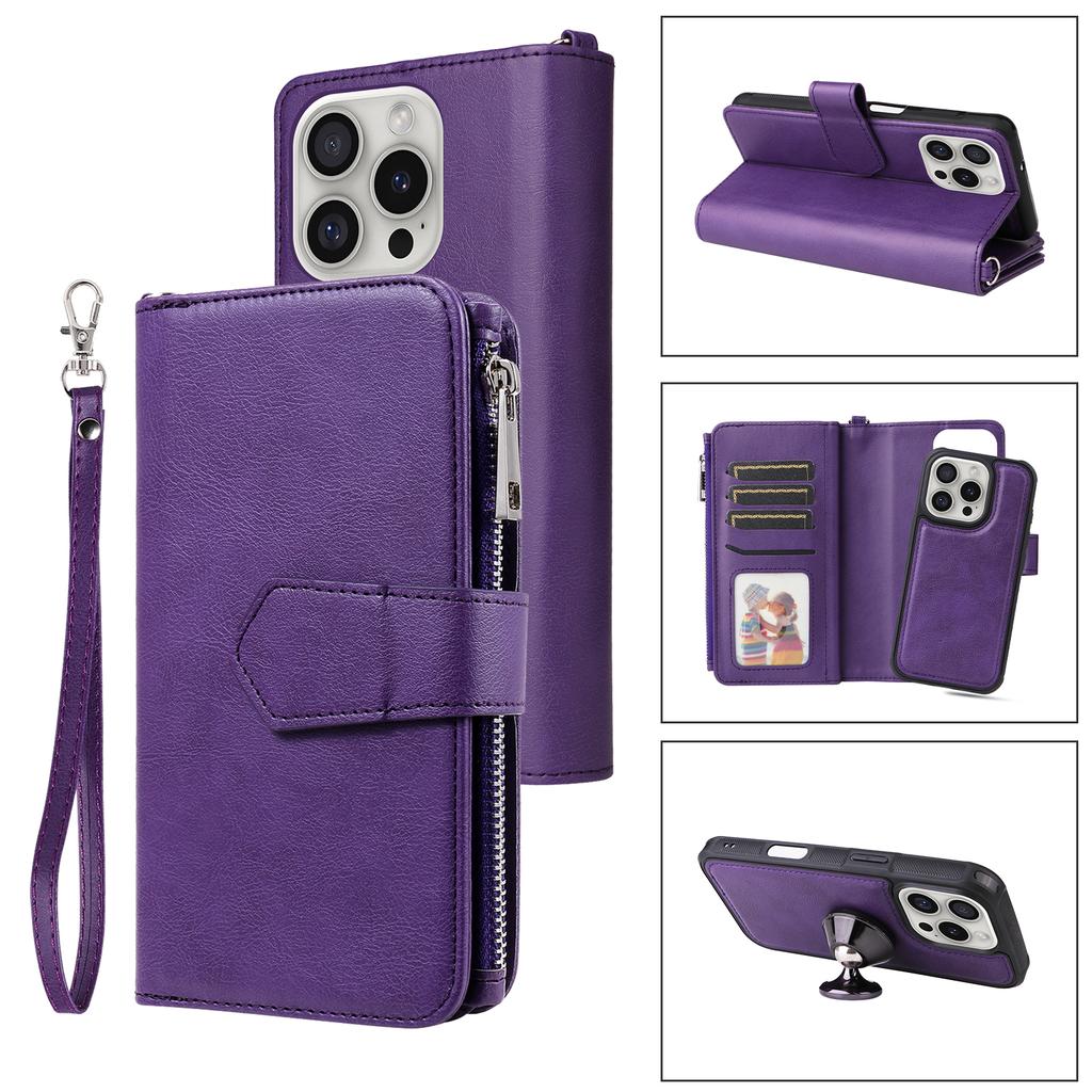 For iPhone 16 Pro Magnetic Leather Case Mobile Cover with Detachable Zipper Wallet Strap
