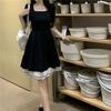 French Hepburn Small Black Dress In Summer Waist and Thin Design Sense Sweet Contrasting Color Splicing Small Square Neck Dress