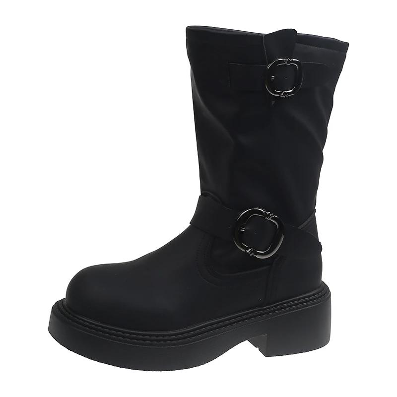 

Мода 2024 Осень Женские Ботинки Ретро Ботинки на Платформе Круглый Носок Однотонные Низкий Каблук Короткая Пряжка Повседневные Женские Модные Ботинки 35 чёрный