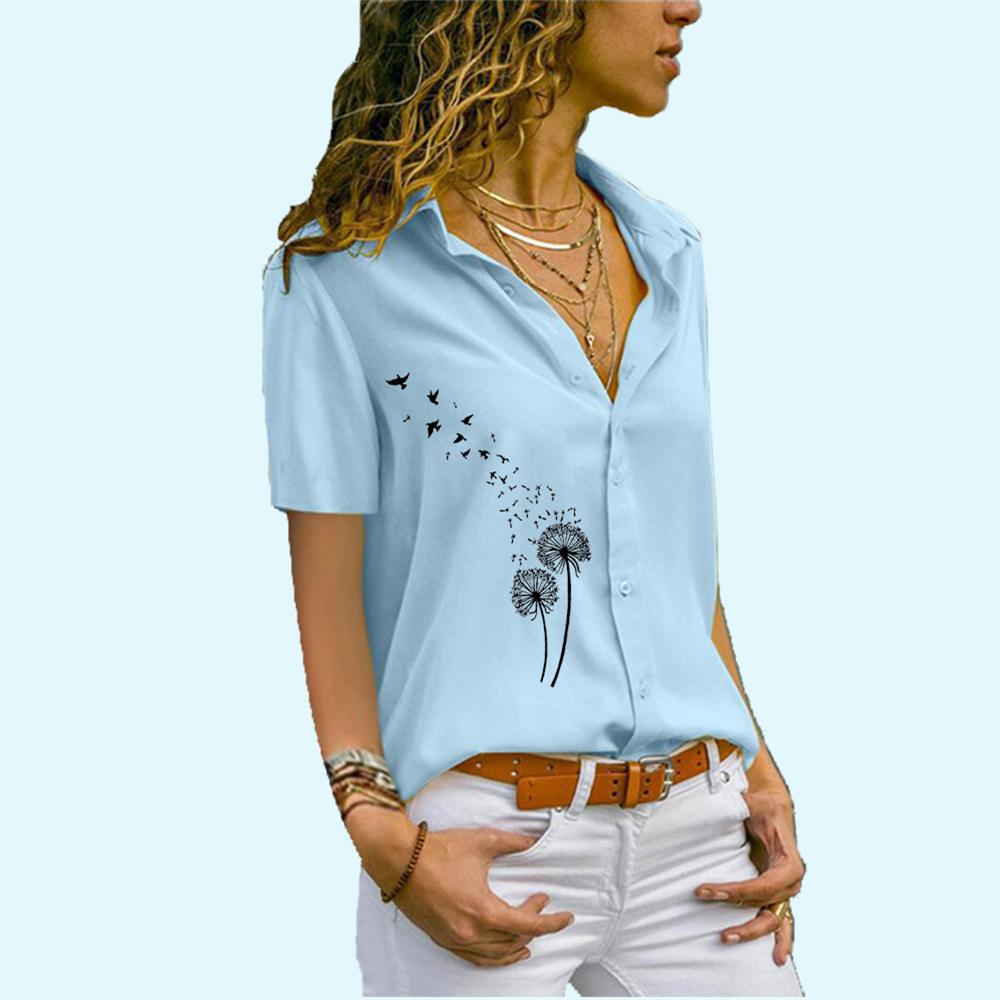 Women Fashion Chiffon Blouse Summer Casual Short Sleeve Top Ladies Print Button Down Shirt