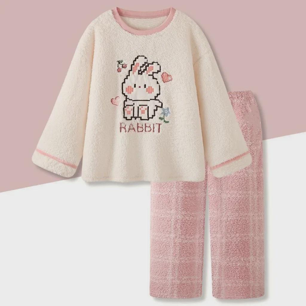 Women's Winter Plush Cartoon Pajama Set: Cozy College-Style Pullover Suit