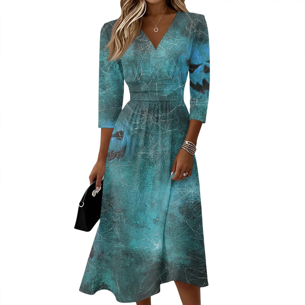 Women's Casual V-Neck Three-Quarter Sleeve Dress with Back Zipper