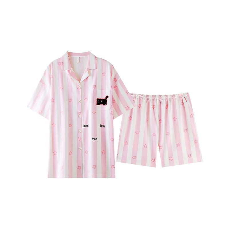 Energetic Pink & White Striped Women's Summer Pajamas - Antibacterial Pure Cotton, Short Sleeve With Shorts & Zipper.