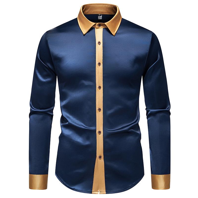 Men S Fashion Satin Smooth Color Block Long Sleeve Shirt
