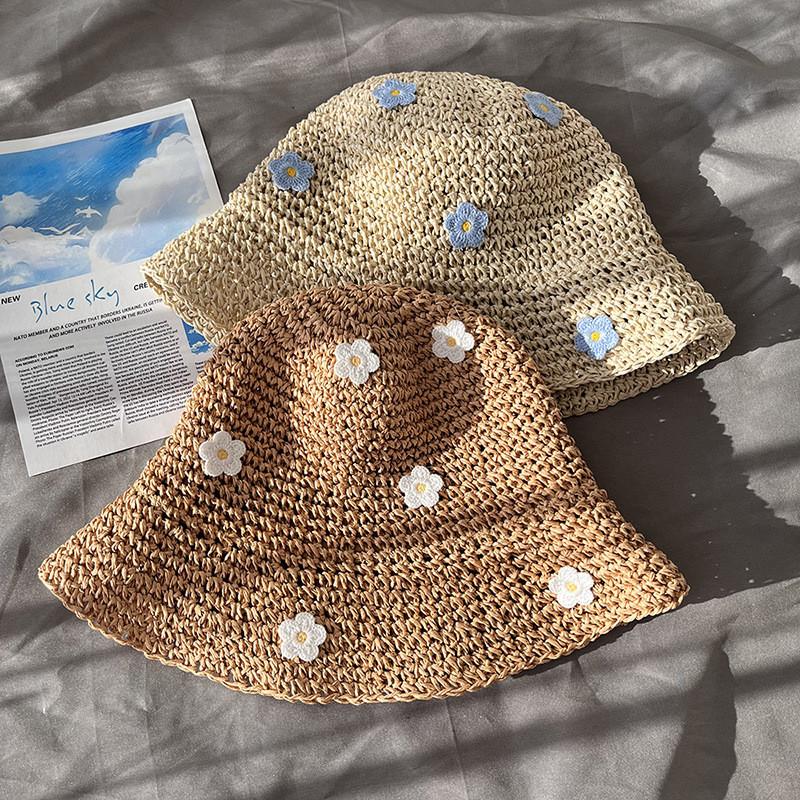 Bamboo Fiber Sun Hat With Wide Brim And Floral Embellishments For Summer Outdoor Activities