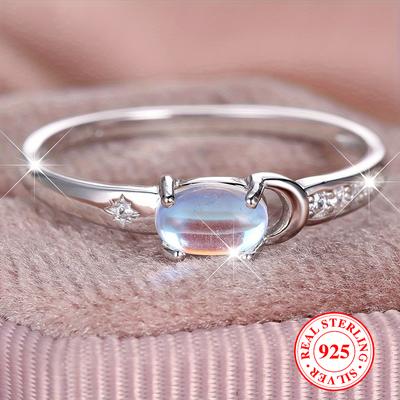 Real S925 Sterling Silver Moon and Star Rings for Women Oval Moonstone Ring Bride Wedding Band Anniversary Jewelry Gift