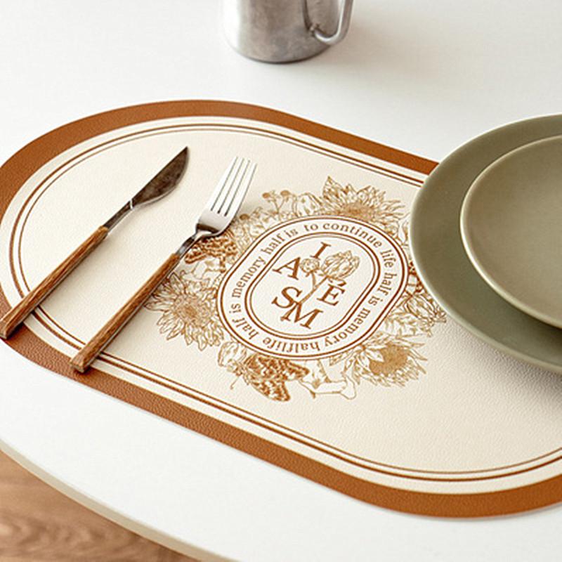 

Modern Retro Orange Home Style Oval Table Placemat Litchi Grain Brown Floral Series Waterproof Oil-Resistant Durable Dining 45x28cm
