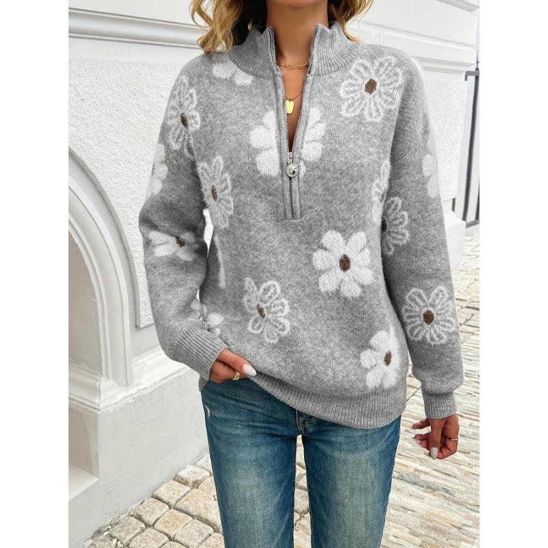 Floral Pattern Half-zip Sweater - European and American Style with Dropped Shoulders