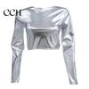 Club Crop Top Women Glossy Faux Leather Half-high Collar Solid Color Waist-exposed Long Sleeve Skinny Pullover Elastic Nightclub Stage Show