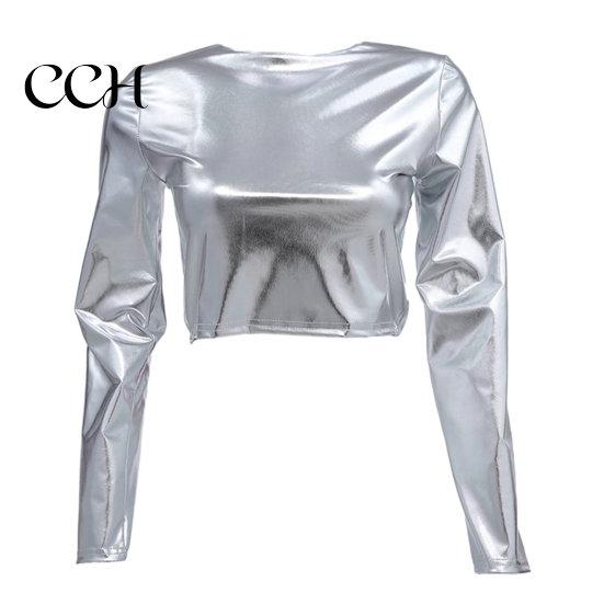 Club Crop Top Women Glossy Faux Leather Half-high Collar Solid Color Waist-exposed Long Sleeve Skinny Pullover Elastic Nightclub Stage Show