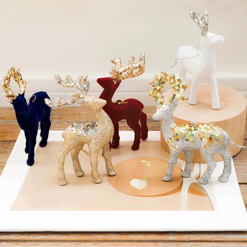 1PC Flocked Reindeer Tree Decoration Glitter Reindeer Scandinavian Christmas Ornament Holiday Decor 10x14cm