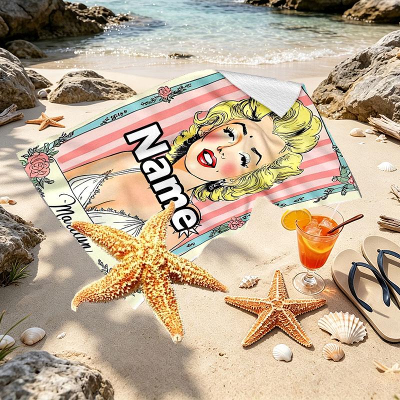 Custom Name Personalized Marilyn Monroe Print Beach Towel, for Trip Camping Beach Party Home Decor, Birthday Gift for Family & Friends