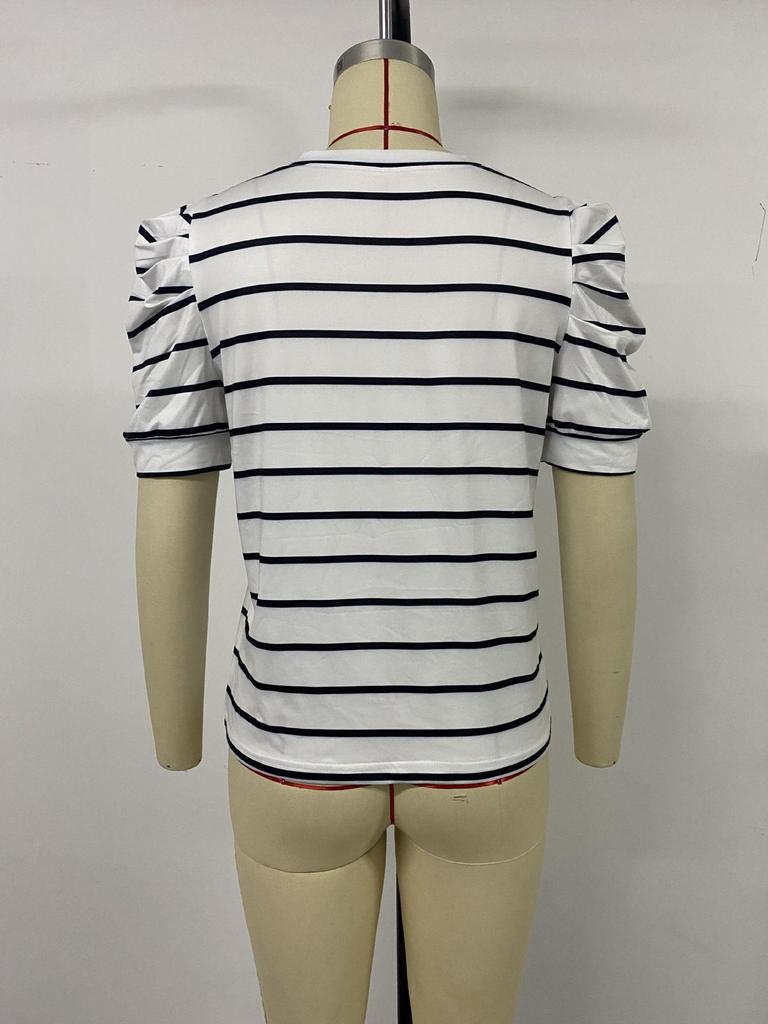 Summer 2026 New Arrivals: Simple Style Puff Sleeve Striped Women's T-shirt