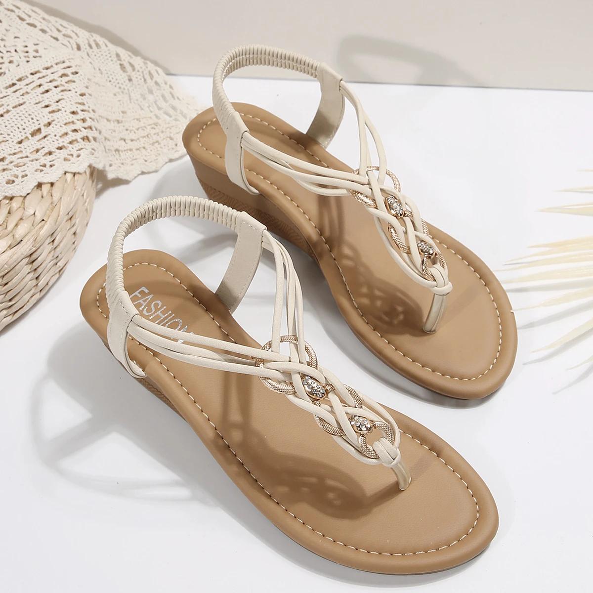 

Повседневные женские сандалии-шлепанцы на плоской подошве с кристаллами, на танкетке, летний тренд 2025, удобные, платья, богемный стиль, слайды, мухер 36 бежевый